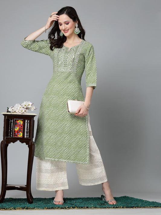 Stylum Women's Leheriya Printed & Embroidered Rayon Straight Kurta (TOYOTOGREEN)