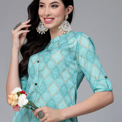 Stylum Women's Bandhani Printed Cotton Blend Straight Kurta (TURQKESAR)