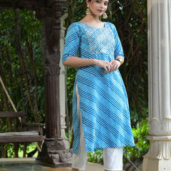 Stylum Women's Lehriya Printed & Embroidered Rayon Straight Kurta (TURQNISAR)