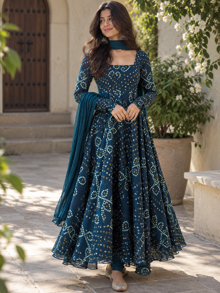 Teal Blue Bandhani Georgette Anarkali Suit Set with Chiffon Dupatta