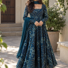 Teal Blue Bandhani Georgette Anarkali Suit Set with Chiffon Dupatta
