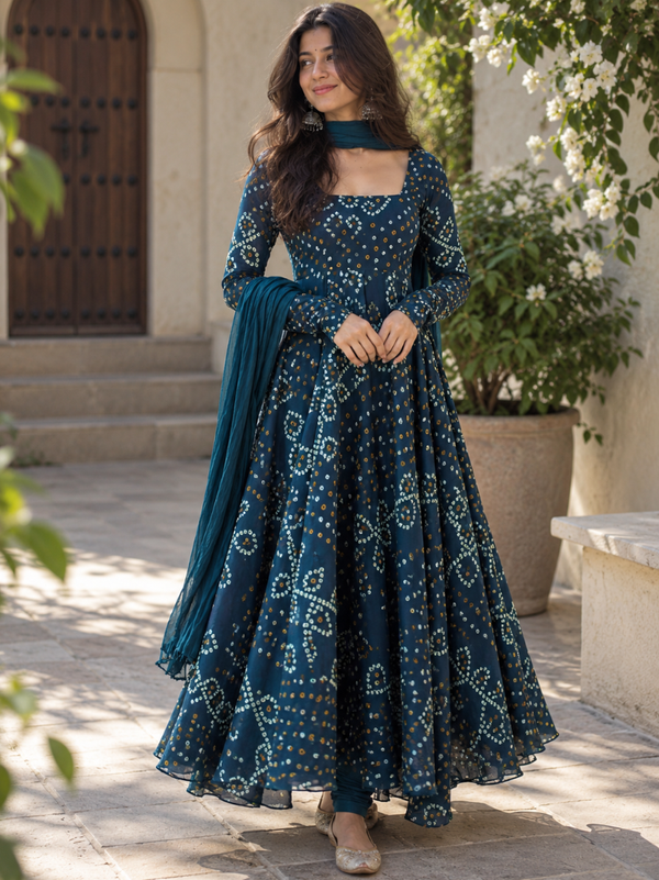 Teal Blue Bandhani Georgette Anarkali Suit Set with Chiffon Dupatta