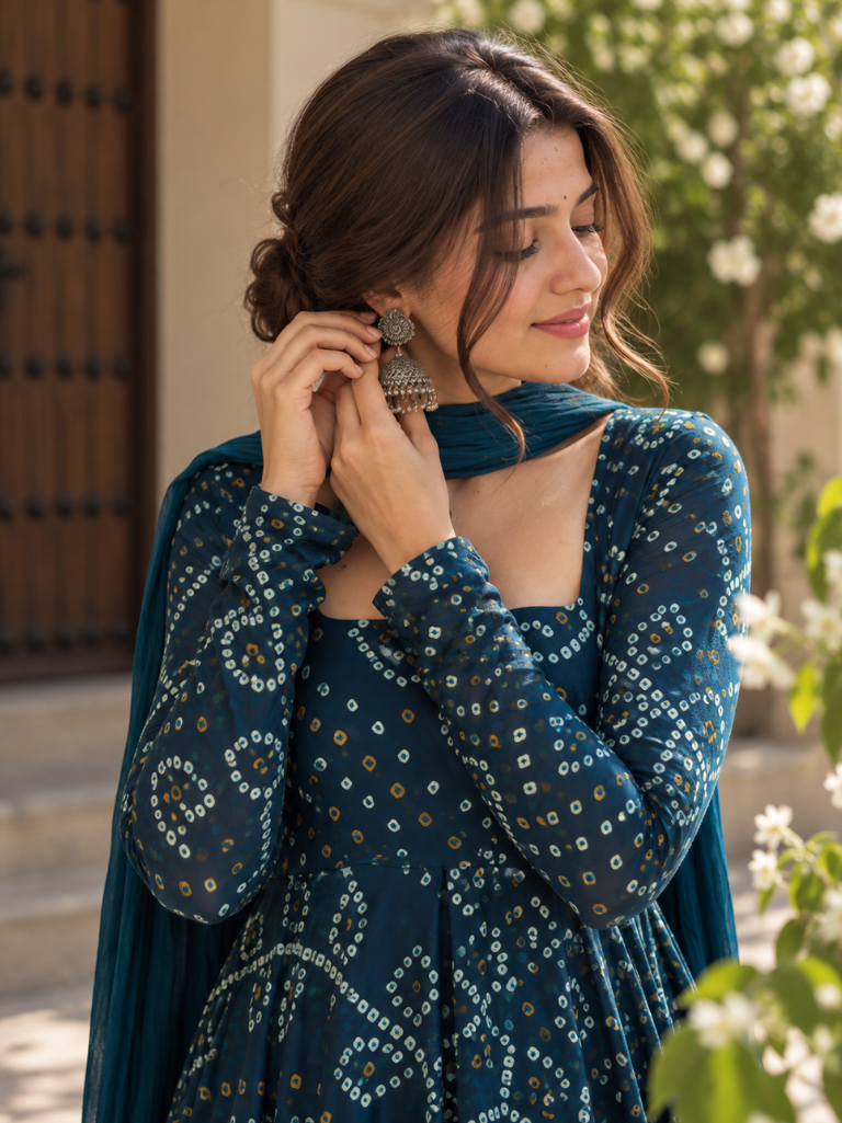 Teal Blue Bandhani Georgette Anarkali Suit Set with Chiffon Dupatta