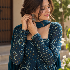 Teal Blue Bandhani Georgette Anarkali Suit Set with Chiffon Dupatta