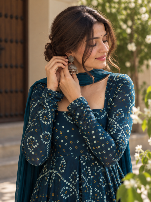 Teal Blue Bandhani Georgette Anarkali Suit Set with Chiffon Dupatta