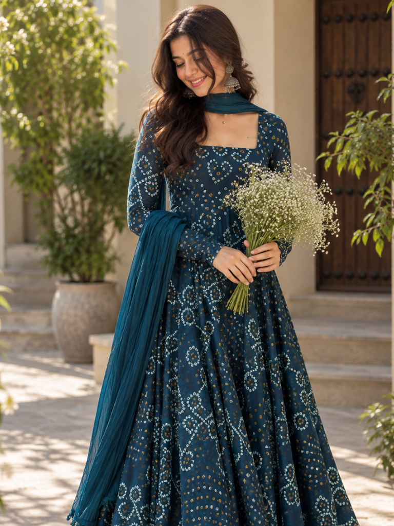 Teal Blue Bandhani Georgette Anarkali Suit Set with Chiffon Dupatta