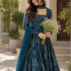 Teal Blue Bandhani Georgette Anarkali Suit Set with Chiffon Dupatta