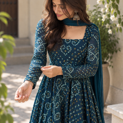 Teal Blue Bandhani Georgette Anarkali Suit Set with Chiffon Dupatta
