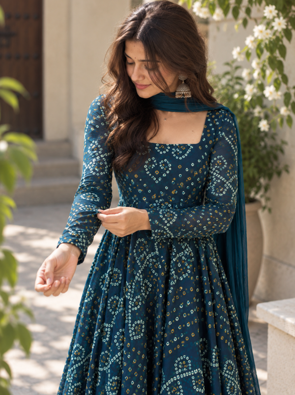 Teal Blue Bandhani Georgette Anarkali Suit Set with Chiffon Dupatta
