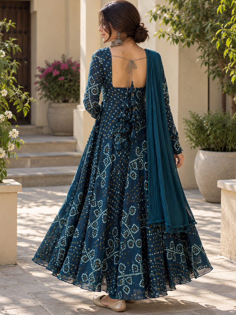 Teal Blue Bandhani Georgette Anarkali Suit Set with Chiffon Dupatta