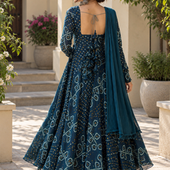 Teal Blue Bandhani Georgette Anarkali Suit Set with Chiffon Dupatta