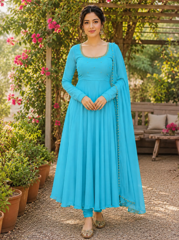 Midnight Turquoise Embellished Anarkali Suit Set for Women