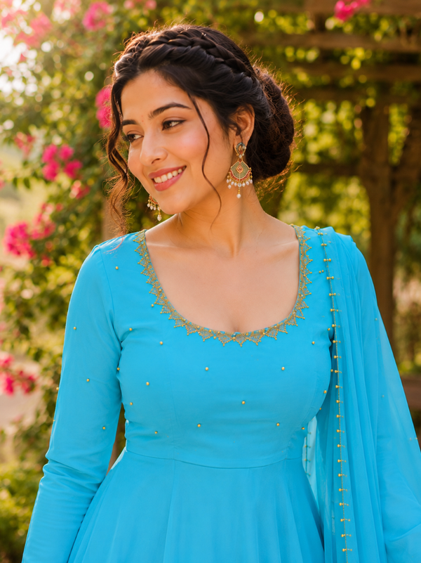 Midnight Turquoise Embellished Anarkali Suit Set for Women