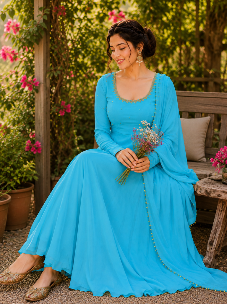 Midnight Turquoise Embellished Anarkali Suit Set for Women