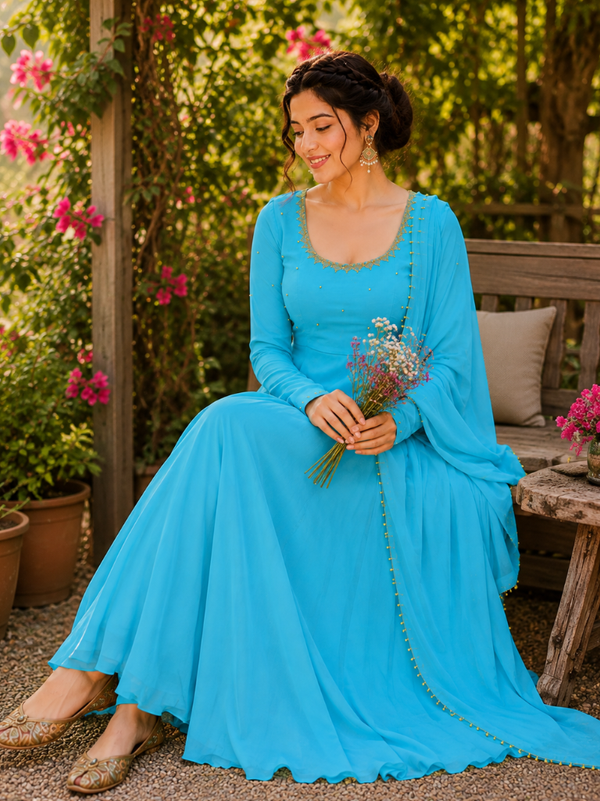 Midnight Turquoise Embellished Anarkali Suit Set for Women