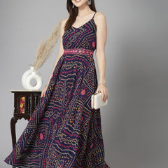 Stylum Women's Bandhej Printed Georgette Flared Long Kurta (VANIBLUE)