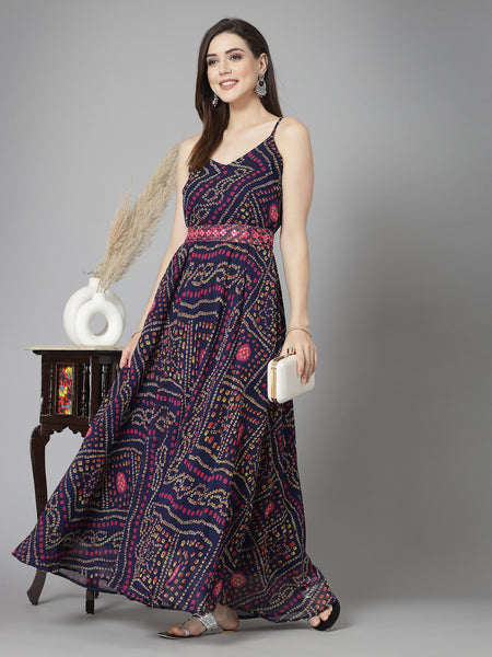 Stylum Women's Bandhej Printed Georgette Flared Long Kurta (VANIBLUE)