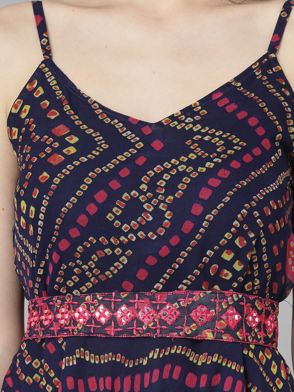 Stylum Women's Bandhej Printed Georgette Flared Long Kurta (VANIBLUE)