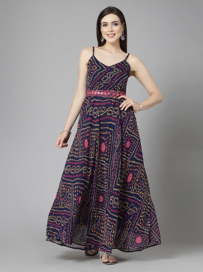 Stylum Women's Bandhej Printed Georgette Flared Long Kurta (VANIBLUE)