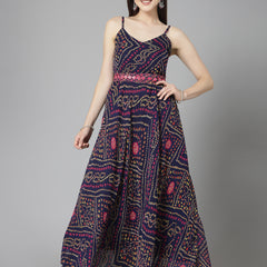 Stylum Women's Bandhej Printed Georgette Flared Long Kurta (VANIBLUE)