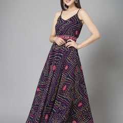 Stylum Women's Bandhej Printed Georgette Flared Long Kurta (VANIBLUE)