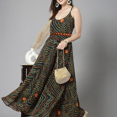 Stylum Women's Bandhej Printed Georgette Flared Long Kurta (VANIGREEN)