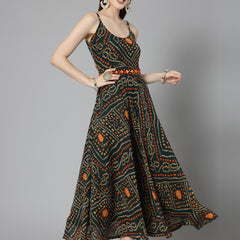 Stylum Women's Bandhej Printed Georgette Flared Long Kurta (VANIGREEN)