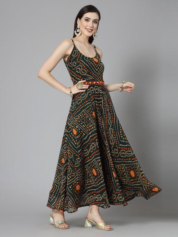 Stylum Women's Bandhej Printed Georgette Flared Long Kurta (VANIGREEN)