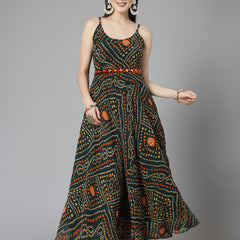 Stylum Women's Bandhej Printed Georgette Flared Long Kurta (VANIGREEN)