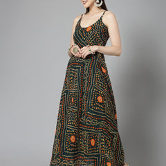 Stylum Women's Bandhej Printed Georgette Flared Long Kurta (VANIGREEN)