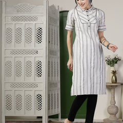 Stylum Women's White Self Designed Cotton Blend Straight Kurta (VINNI)