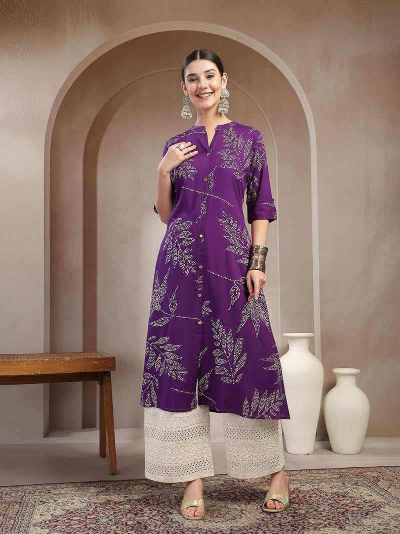 Stylum Women's Violet Floral Printed Rayon A-line Kurta (VOILLABU)
