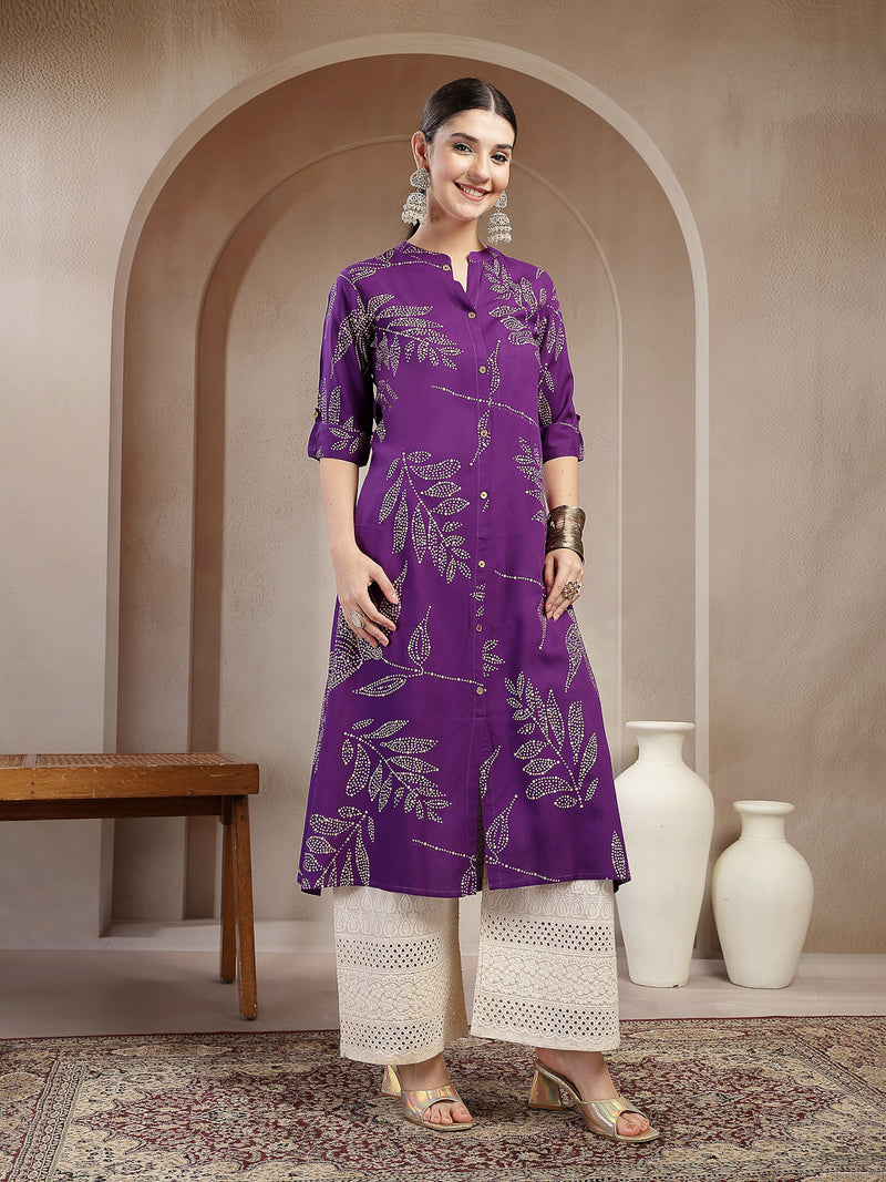 Stylum Women's Violet Floral Printed Rayon A-line Kurta (VOILLABU)