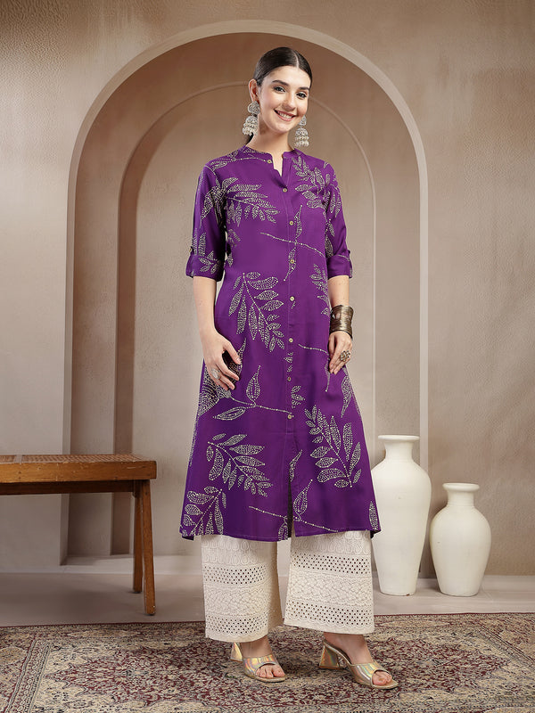 Stylum Women's Violet Floral Printed Rayon A-line Kurta (VOILLABU)