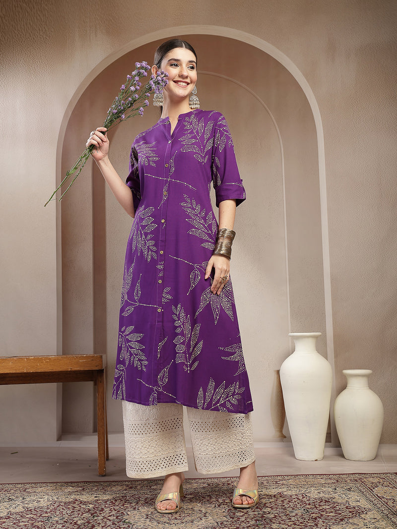 Stylum Women's Violet Floral Printed Rayon A-line Kurta (VOILLABU)