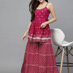 Stylum Women's Gold Printed Rayon Short Kurti and Sharara set (VOUGEGEM)