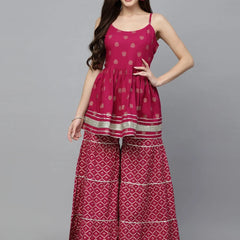 Stylum Women's Gold Printed Rayon Short Kurti and Sharara set (VOUGEGEM)