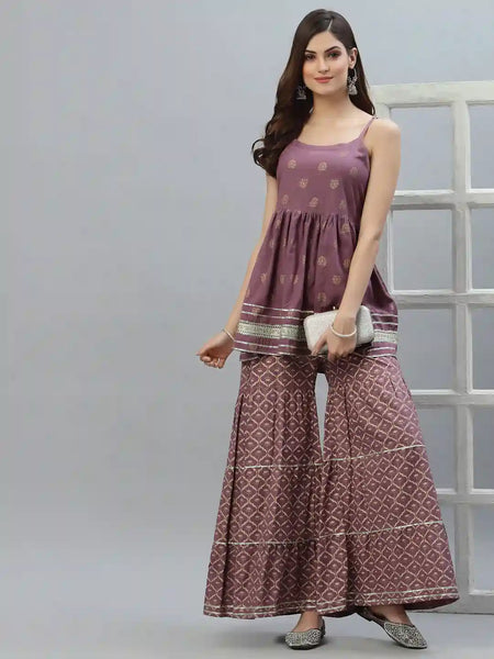 Stylum Women's Gold Printed Rayon Short Kurti and Sharara set (VOUGEMAUVE)