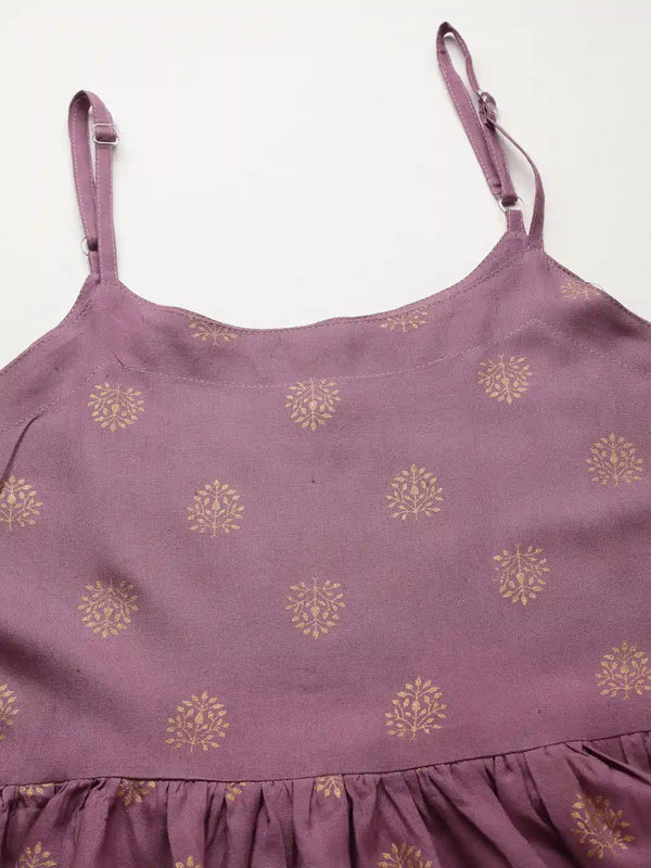 Stylum Women's Gold Printed Rayon Short Kurti and Sharara set (VOUGEMAUVE)