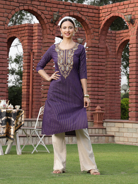 Stylum Women's Wine Solid & Embroidered Rayon Straight Chicken Kurta (WINEBLAST)