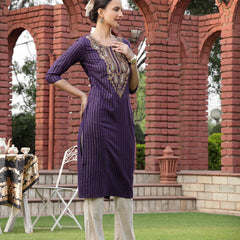 Stylum Women's Wine Solid & Embroidered Rayon Straight Chicken Kurta (WINEBLAST)