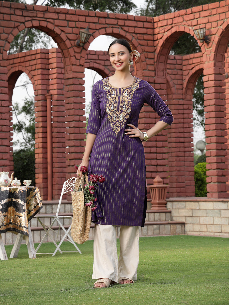 Stylum Women's Wine Solid & Embroidered Rayon Straight Chicken Kurta (WINEBLAST)