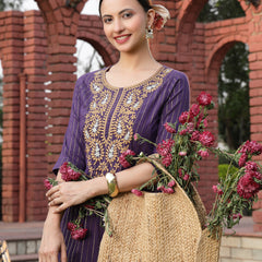 Stylum Women's Wine Solid & Embroidered Rayon Straight Chicken Kurta (WINEBLAST)