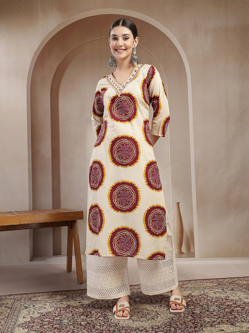 Stylum Women's Wine Bandhej Printed Cotton Straight Kurta (WINECHEF)