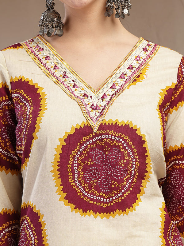 Stylum Women's Wine Bandhej Printed Cotton Straight Kurta (WINECHEF)