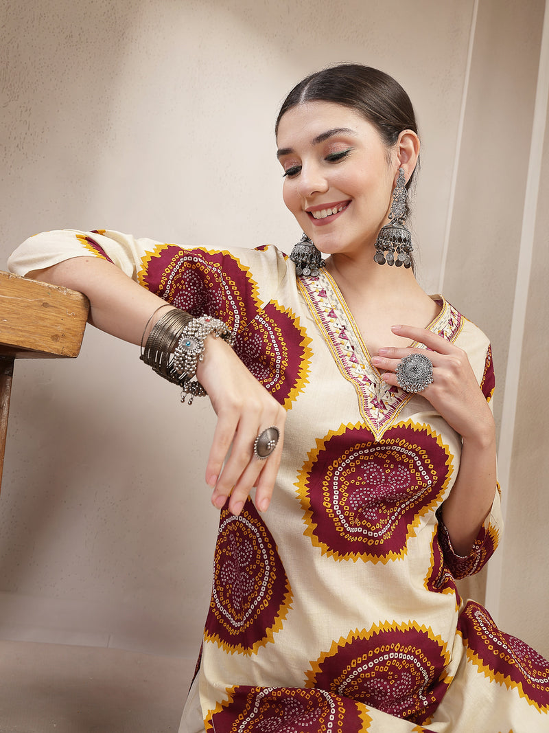 Stylum Women's Wine Bandhej Printed Cotton Straight Kurta (WINECHEF)