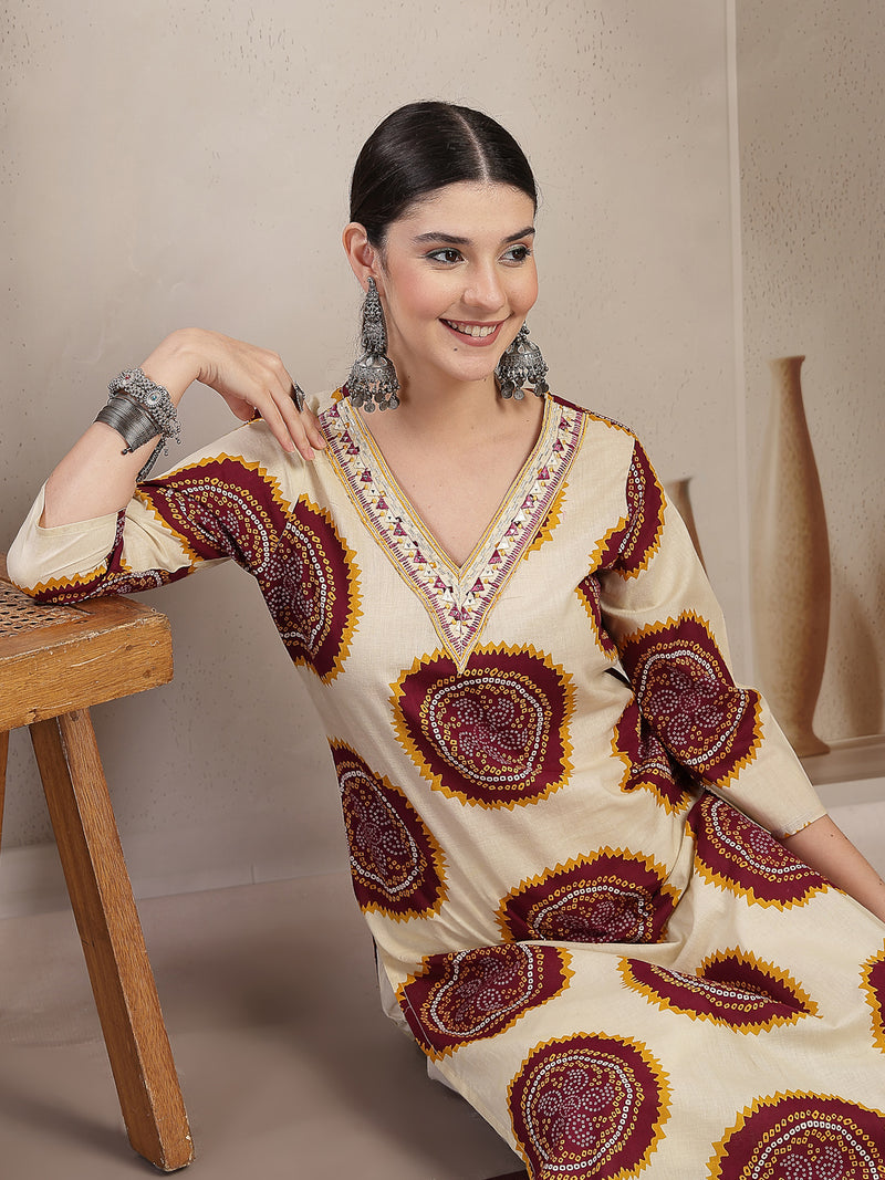 Stylum Women's Wine Bandhej Printed Cotton Straight Kurta (WINECHEF)