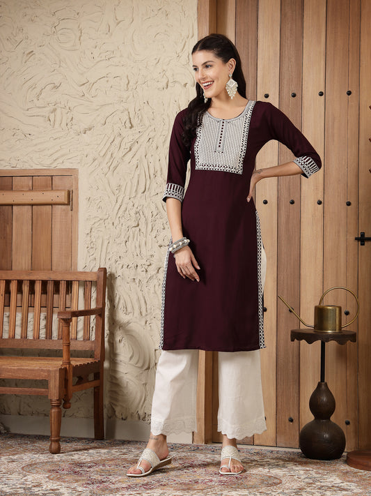 Stylum Women's Wine Solid & Embroidered Rayon Straight Kurta (WINETRIGGER)