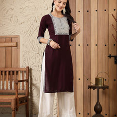 Stylum Women's Wine Solid & Embroidered Rayon Straight Kurta (WINETRIGGER)