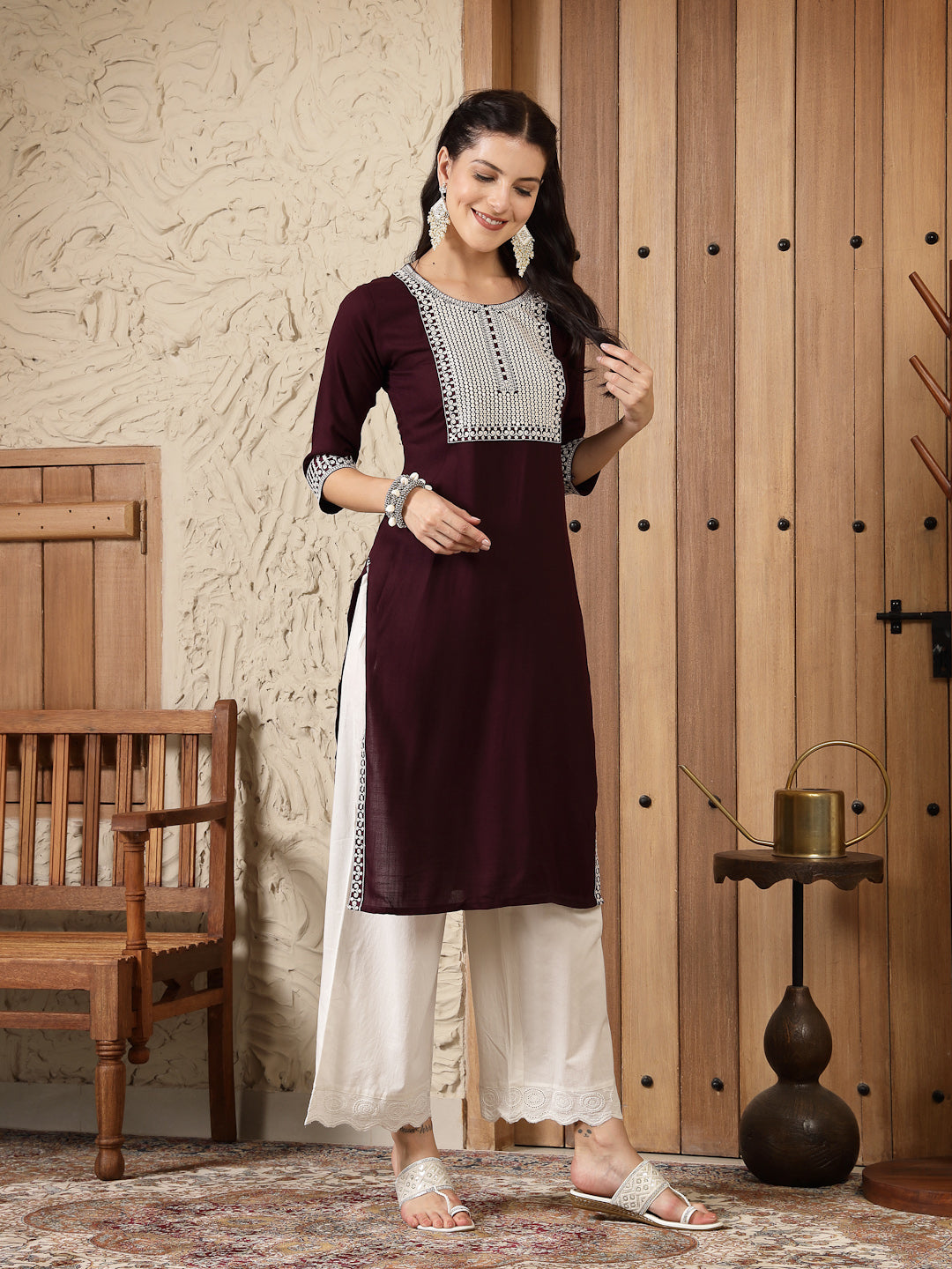 Stylum Women's Wine Solid & Embroidered Rayon Straight Kurta (WINETRIGGER)